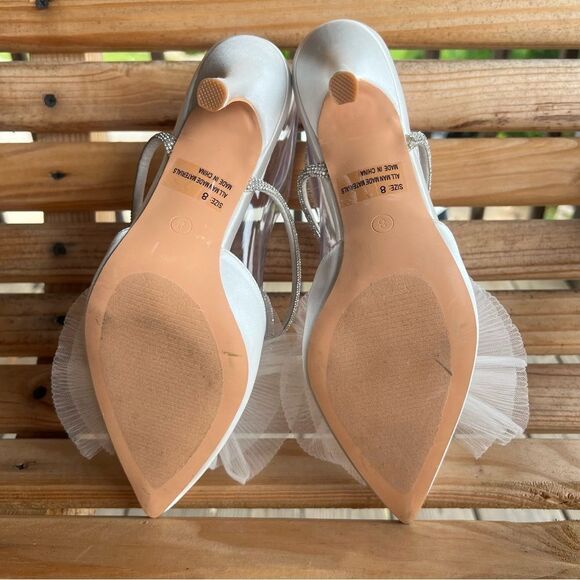 Lulus Lelanee White Satin Rhinestone Bow Ankle Strap Pumps - Picture 14 of 16